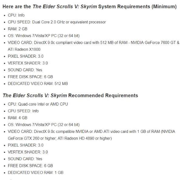 The Elder Scrolls V: Skyrim system requirements